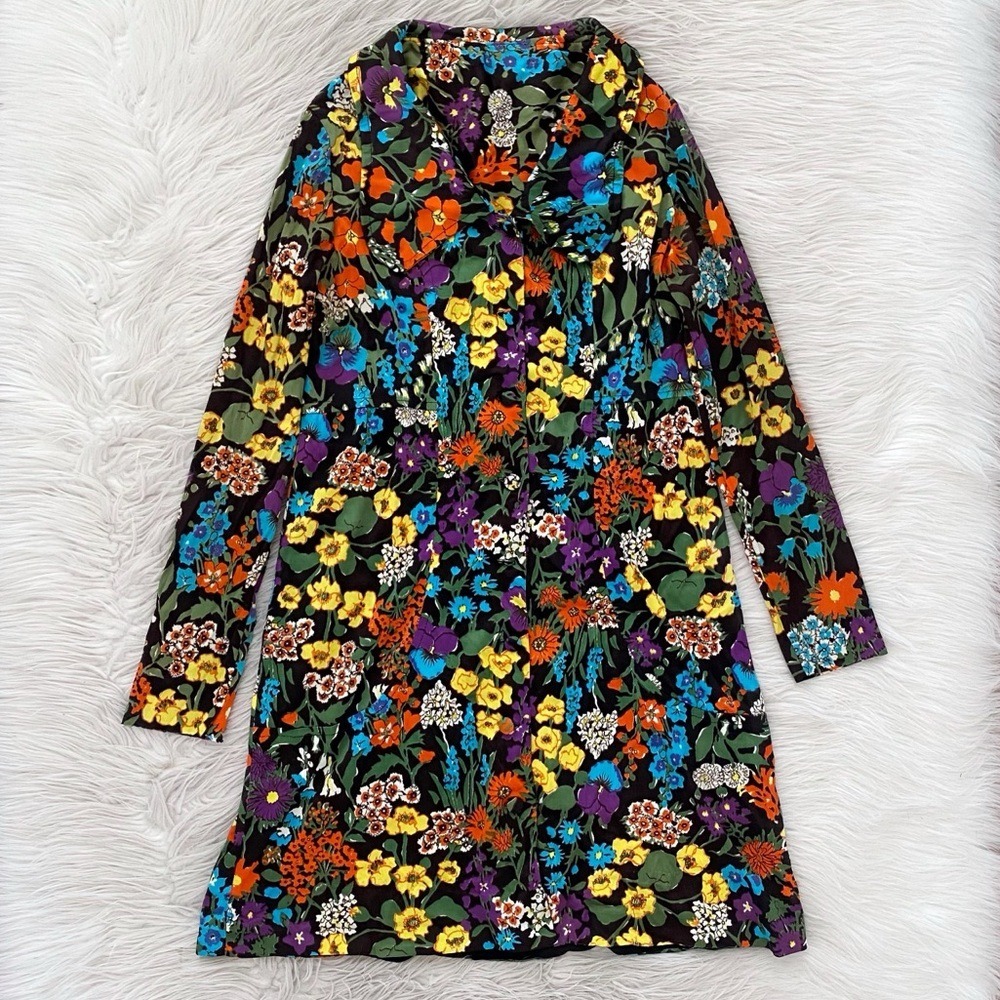 Vintage 70s Retro Dark Floral Button Front Long Sleeve Mini Dress Orange Blue - Picture 1 of 16